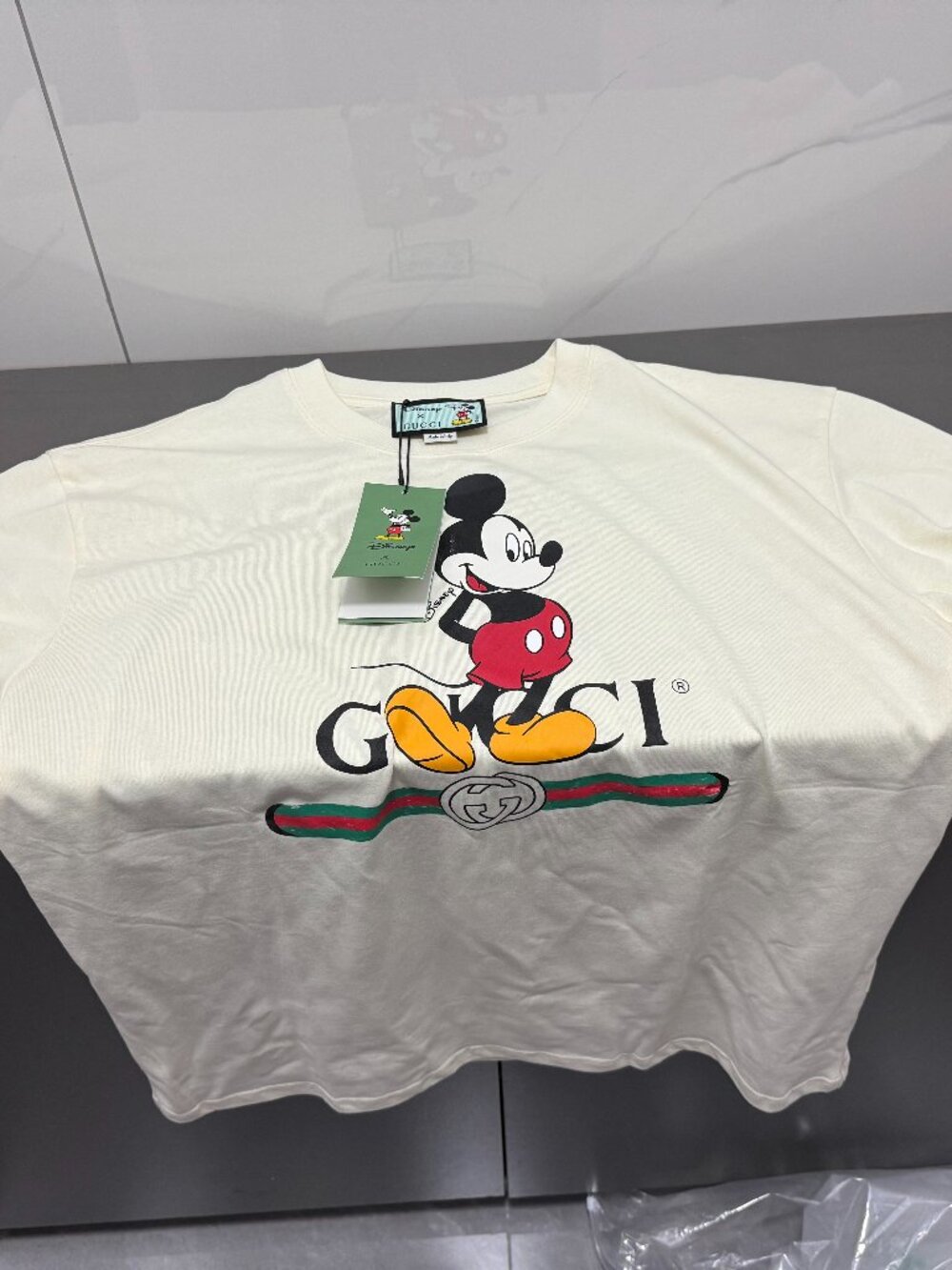 Gucci x Disney Mickey Mouse Graphic Close Up Cream Tee Red Shorts Yellow Shoes W